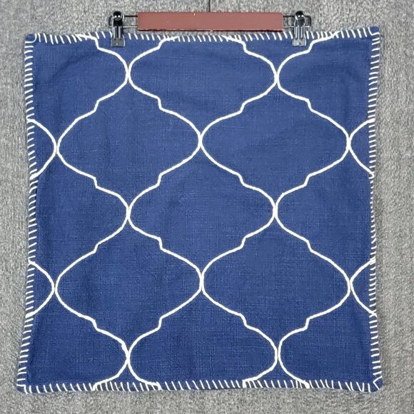 Pottery Barn Pillow Sham Blue White Geometric (1) Cotton Cover Zip 22x22 - Picture 1 of 8